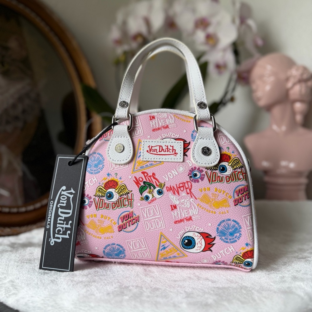 Von Dutch Jax Bowler Bag Light Pink Graffiti Logo Eyeball Y2K Satchel Tote Retro